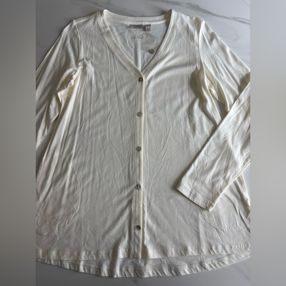 Logo Lori Goldstein the Cardi Cream Button-Up Cardigan Small